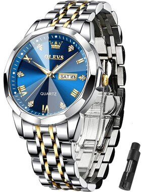 Men's Silver Blue Stainless Steel Analog Quartz Diamond Waterproof Luxury Watch